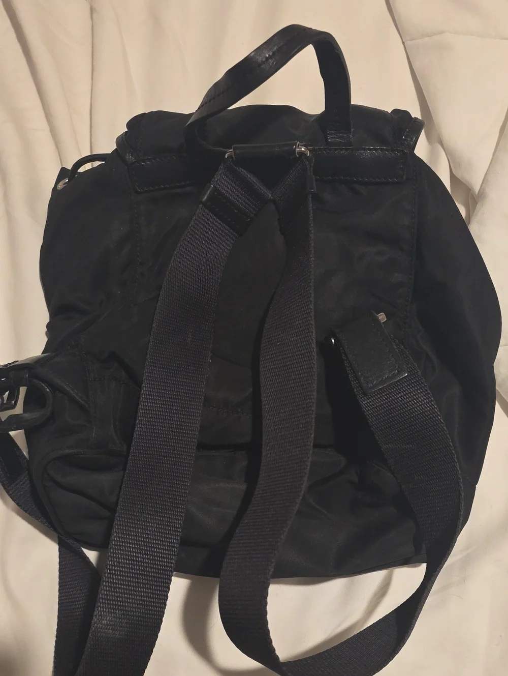 Prada Black Nylon Drawstring Backpack with Leather Trim